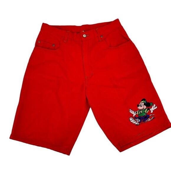 Vintage Disney Mickey Mouse Jean Bermuda Shorts Waist 32” Red Embroidered